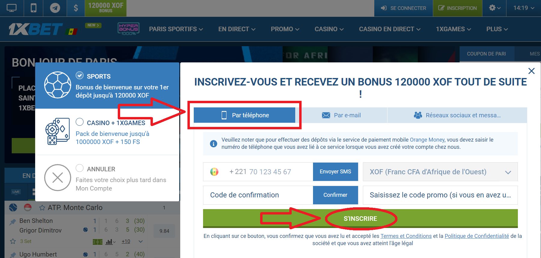 Validation de l'inscription et création de compte 1xBet